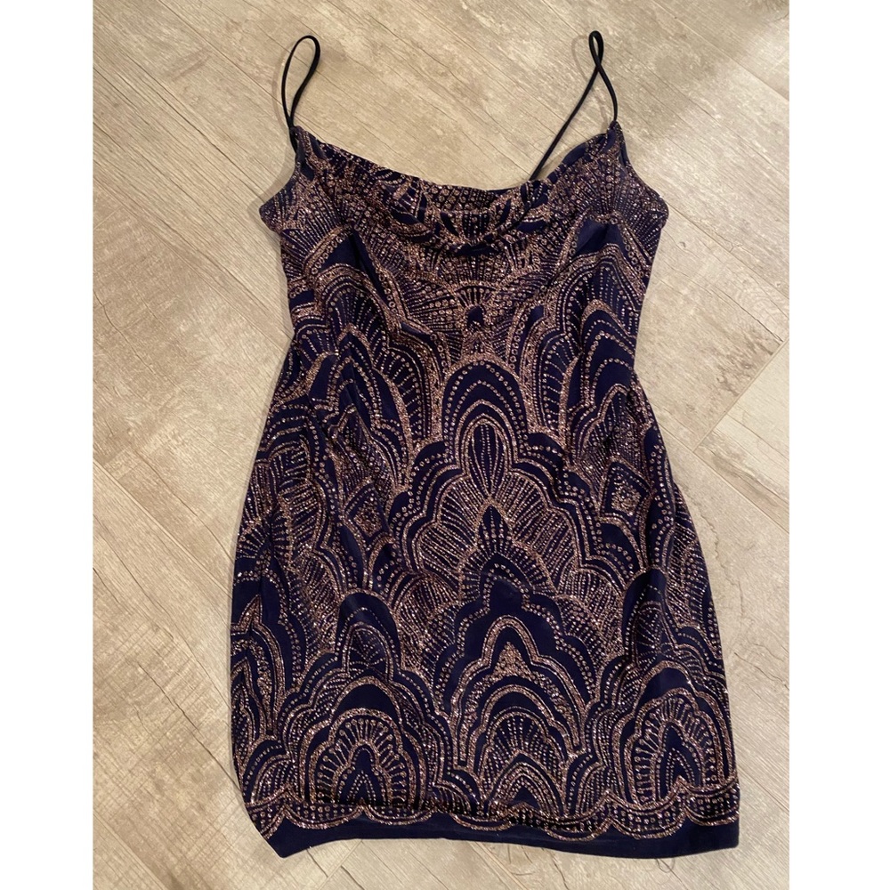 NWOT Navy Blue Mini Dress W/ Rose Gold Glitter